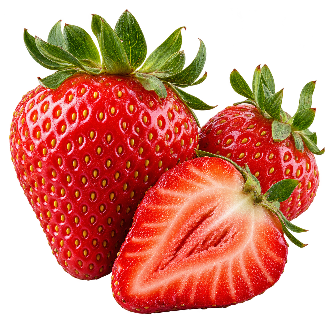 A cluster of ripe strawberries, including a sliced half